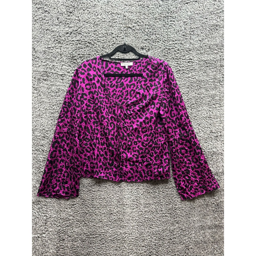 Milly Magenta Maggie Leopard Silk‎ Jacquard Long Sleeve Blouse Womens Size L